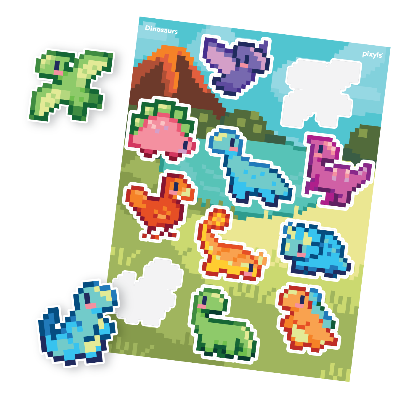 Dinosaurs Sticker Sheet | Pixel Art Sticker by Number Craft Kit