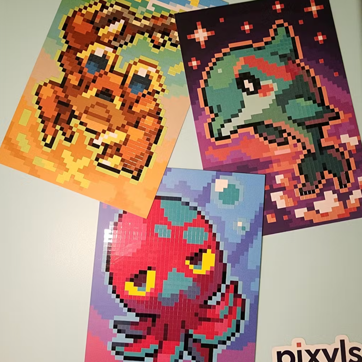 Three pixel art posters of animals on a white background with 'pixyls' branding.