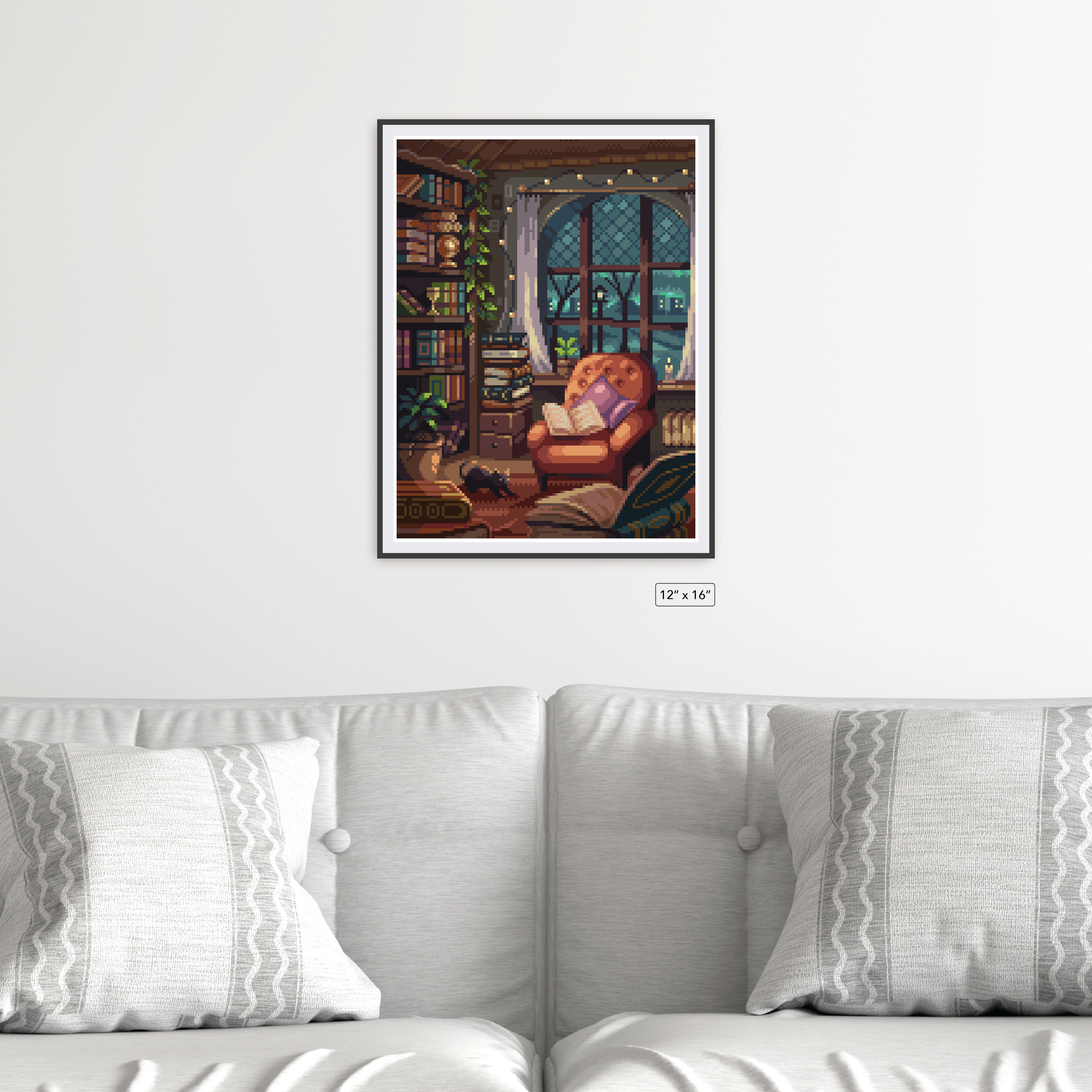 Cozy Library pixyls canvas framed on a wall, 12 by 16 inches